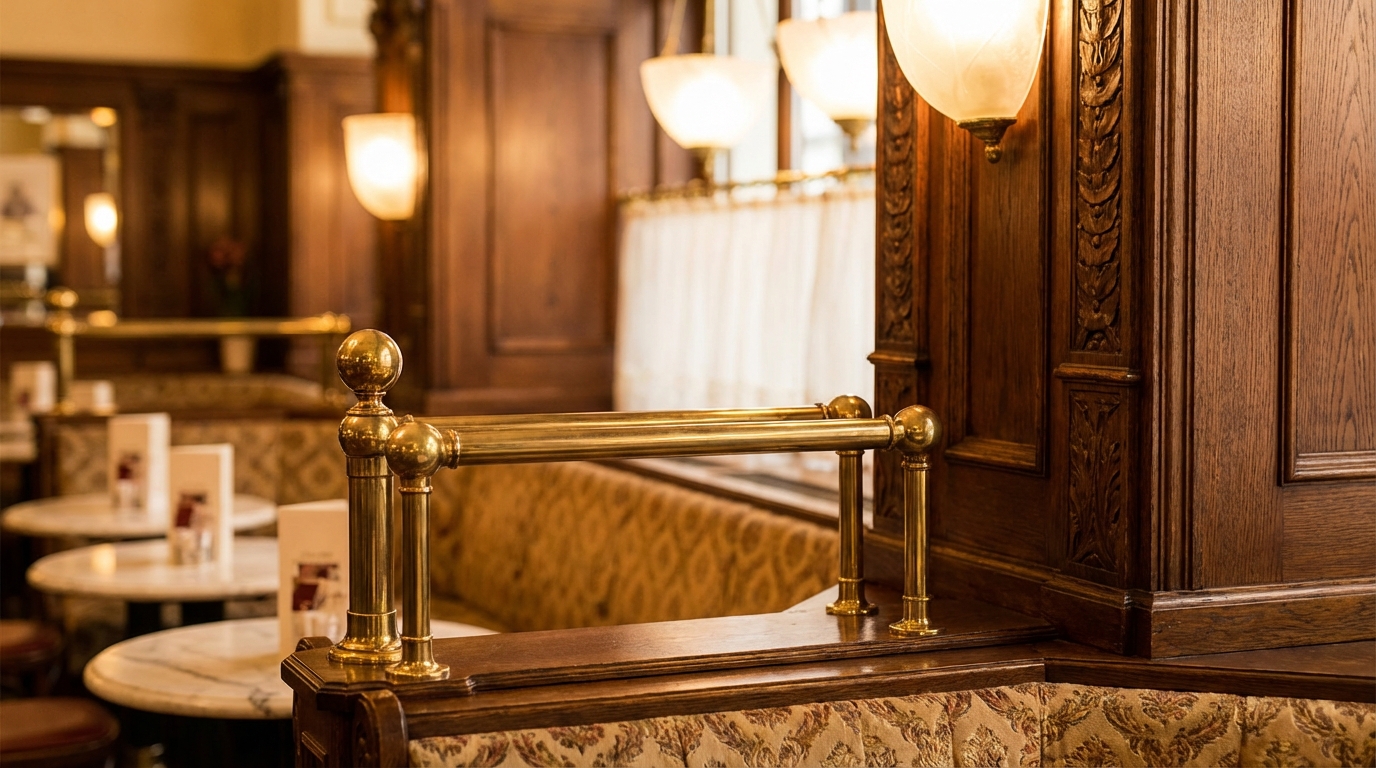 Close up detail of antique brass railing and dark wood interior