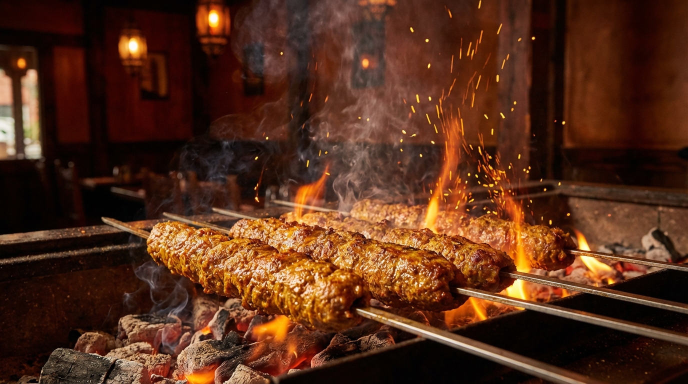 Afghan lamb kebabs sizzling on a charcoal grill